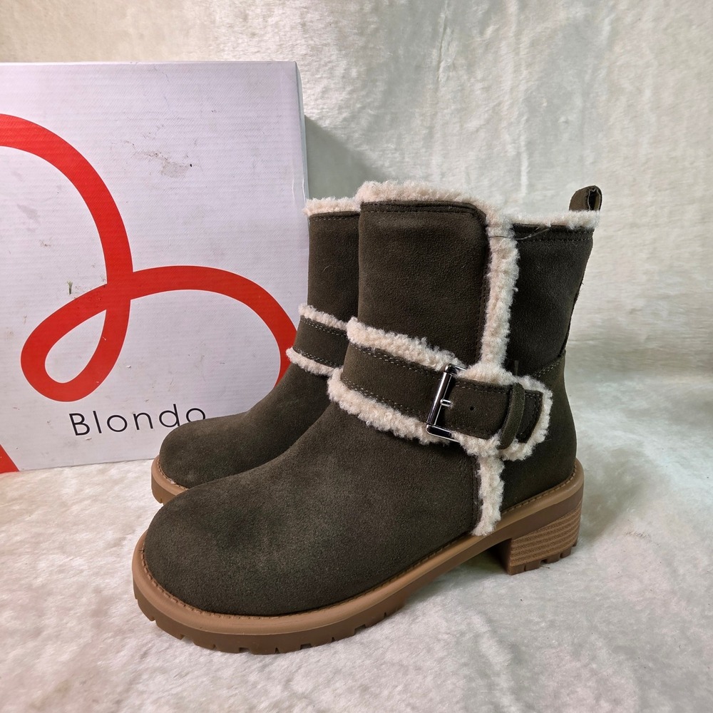 Blondo Margo Waterproof Suede Buckle Boots Olive Green Leather Women 7.5 NEW